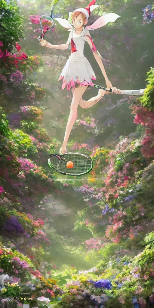 Image similar to An elf playing tennis on a tennis court made of flowers,Japanese anime style, gorgeous atmosphere, full of details, matte painting, concept art, smooth, by Shinkai Makoto and Ina Wong and wlop ，trending on cgsociety and artstation，8kHDR，light effect