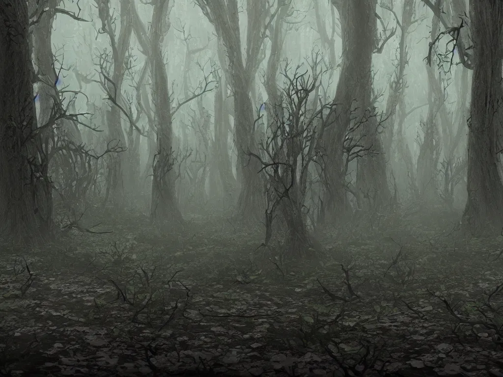 Prompt: cursed forest covered in fleshy ooze, eerie mood, concept art, 4k