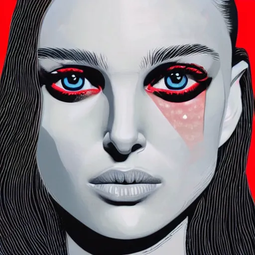 Prompt: “Natalie Portman highly detailed portrait, by Jamie Hewlett, red black white colors, white hair, space on the background, red eyes”