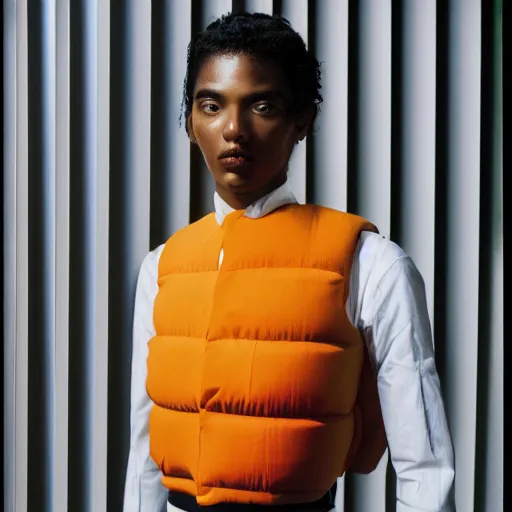 Image similar to realistic photoshooting for a new issey miyake lookbook, color film photography, portrait of a beautiful woman, model is wearing techtical vest, photo in style of tyler mitchell, 3 5 mm,