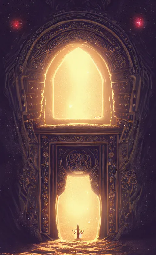 Image similar to a ornamental gate into stars a demon emerges from it, ornament, intarsia, portal, doorway, no background, dynamic lighting, ambient lighting, atmospherical, photorealistic fantasy concept art, trending on art station, stunning visuals, creative, cinematic, ultra detailed