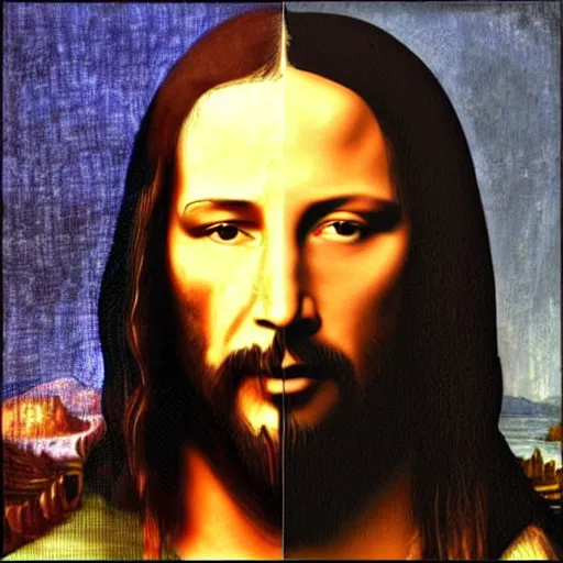 Image similar to painting of keanu reeves with beard in the style of mona lisa, painting by leonardo da vinci