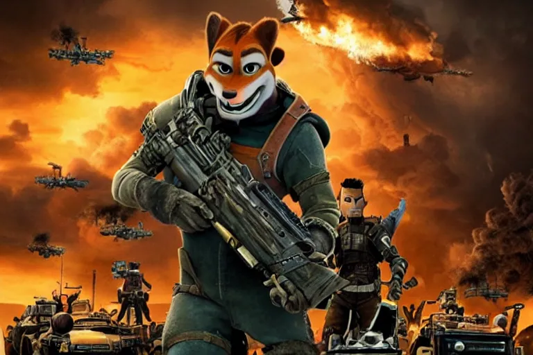 Image similar to nick wilde, heavily armed and armored facing down armageddon in a dark and gritty reboot from the makers of mad max : fury road