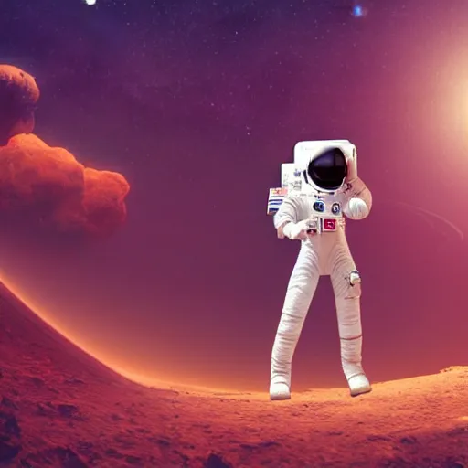 Image similar to A wide angle shot from below of a female astronaut with a feminine body walking with swagger towards camera on mars in an infinite universe , synthwave digital art