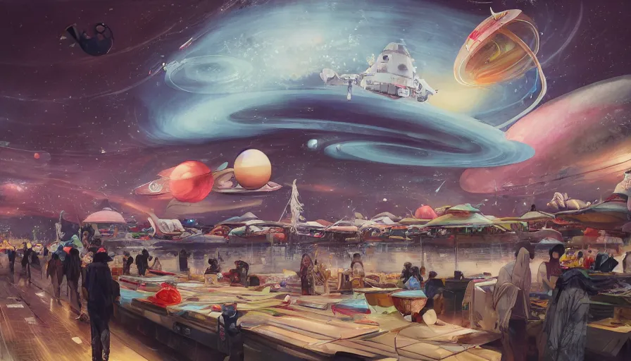 Image similar to floating wet japanese market with vendors on a luxurious road on interstellar solar system with nearby planets seen from the distance, advanced highway, star trek style, by peter mohrbacher, jeremy mann, francoise nielly, android james, ross tran, beautiful, award winning scenery, 8 k quality, clean details, serene, sakura season