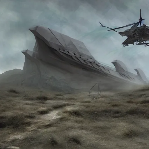 Image similar to a ghost town full a futuristic spaceship decorated with futuristic art by greg chocktail and beks jade and jade, trending on artstation A military helicopter landing in a misty, neolithic period, in