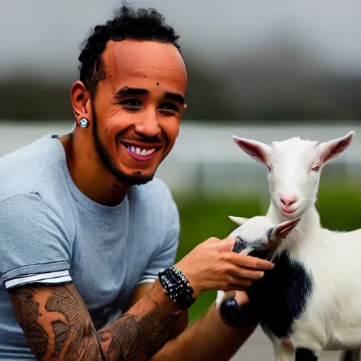 Image similar to an award winning photo of lewis hamilton holding a baby goat, 4 k