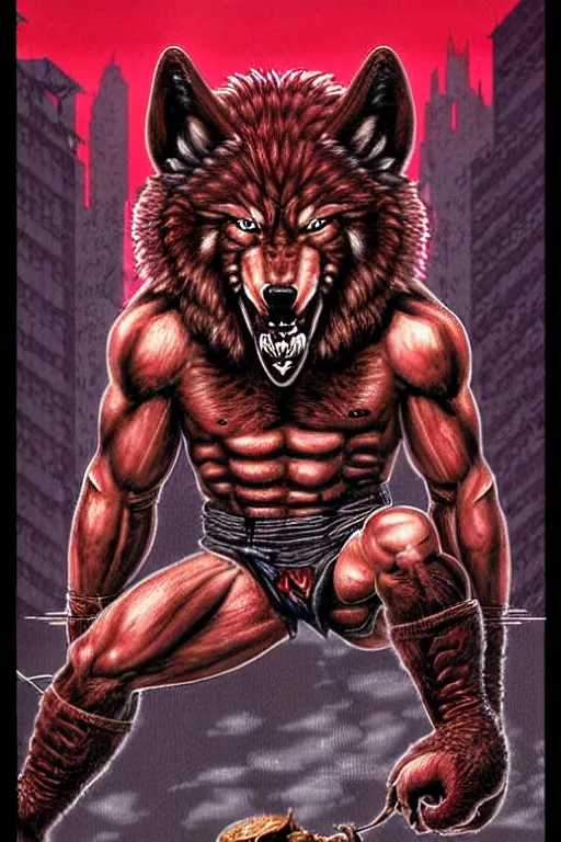 Image similar to extreme long shot. 8 bit nes graphics. antropomorphic muscular masculine wolf. kickboxer fighter, in shorts. wolf head. angry. fine details, very sharp, art from nes game cartridge, 8 0's, vhs artefacts, vaporwave style, marc simonetti and hermann nitsch and anish kapoor.