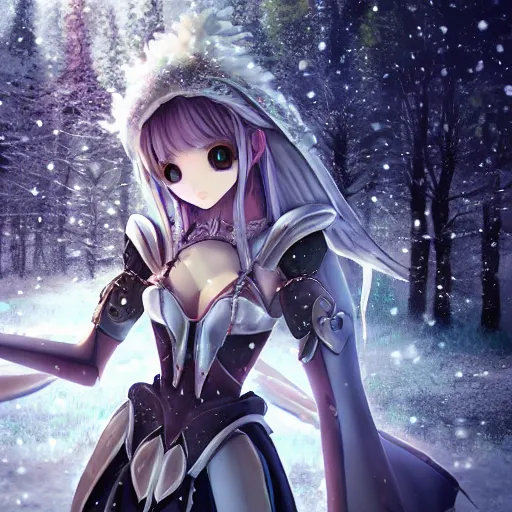 Prompt: portrait focus of knight beautiful 3D anime girl, marshmallow armor wearing, dark forest background, snowing, bokeh, inspired by Masami Kurumada, digital painting, high contrast, unreal engine render, volumetric lighting, high détail