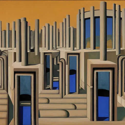 Image similar to first - person view of a stark concrete maze with people looking into portholes, ( grant wood ), pj crook, ( ( ( edward hopper ) ) ), oil on canvas