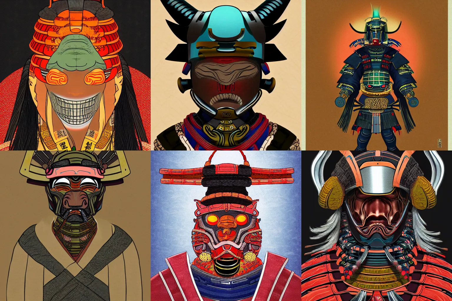 Prompt: digital portrait painting of a samurai wearing alien armor in ancient Japan, ukiyo-e style, alien helmet, dreadlocks, trending on Artstation