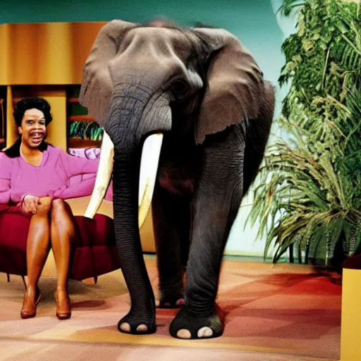 Image similar to an elephant sitting as a guest in the oprah winfrey show