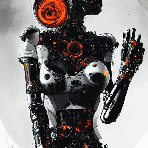 Prompt: highly detailed portrait of a post-cyberpunk robotic young lady with space helmet and wired cybernetic face modifications, robotic limbs, by Akihiko Yoshida, Greg Tocchini, Greg Rutkowski, Cliff Chiang, 4k resolution, persona 5 inspired, vibrant orange, black and white color scheme with sparking stray wiring