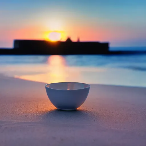 Prompt: professional photo of empty white dish in the middle of a table with a sunset on the beach in the background