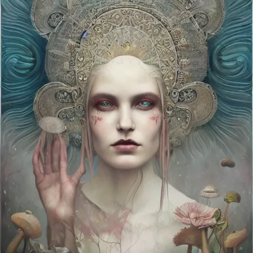 Image similar to By Tom Bagshaw, photorealistic soft paint portrait of a beautiful female face in full long dress curiosities carnival with mushrooms, symmetry accurate features, very intricate details, focus, ominous sky, rainbow lighting, volumetric clouds, god rays