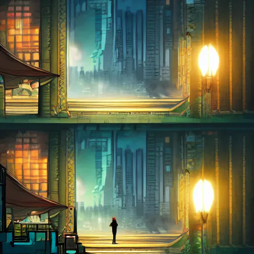 Prompt: dark city bus stop, side-scrolling 2d platformer game, by Noah Bradley,very detailed,ArtStation