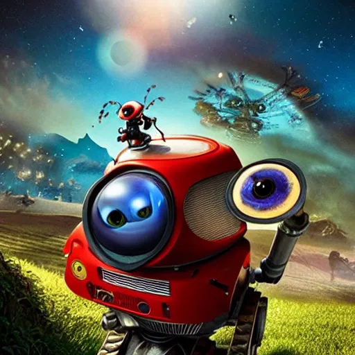 Prompt: promotional movie still, ladybugs, ladybug quadruped with big rgb eyes, ladybug hobbits, ladybug spaceships, space western, dramatic lighting, the fellowship of the ring ( film ), ( ( ( wall - e ( film ) ) ) )