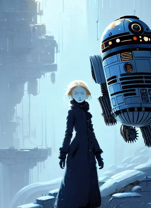 Prompt: highly detailed portrait of a moody frostpunk long blonde hair lady with droid companion, stray wiring by atey ghailan, james gilleard, by joe fenton, by greg rutkowski, by greg tocchini, by kaethe butcher, 4 k resolution, gradient blue, black and white color scheme!!! ( ( glaciated dystopian city background ) )