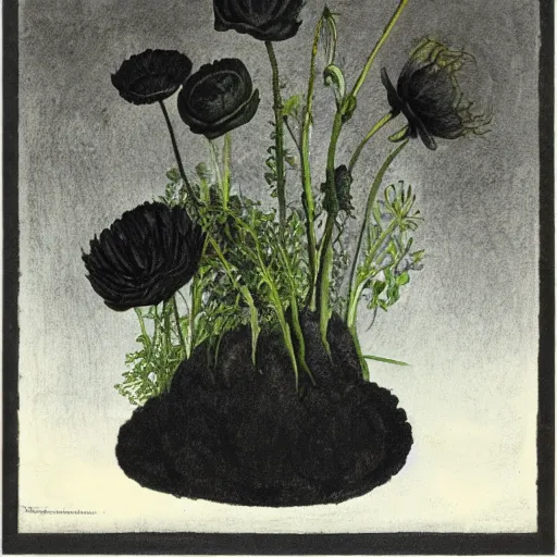 Image similar to earthy by maurice sendak, by dorothea tanning pitch black. a sculpture of a group of anemones in a vase