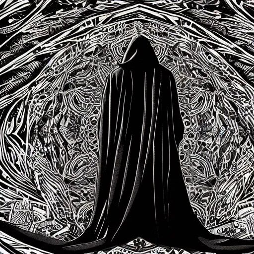 Image similar to a dark figure in a flowing robe haunts the end of time, featured, detailed, 4k, intricate lines