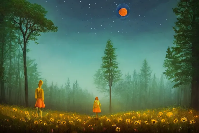 Image similar to giant daisy flower as a head, girl walking forest, big trees, hills, surreal photography, dark night, star trails, moon light, impressionist painting, clouds, digital painting, artstation, simon stalenhag