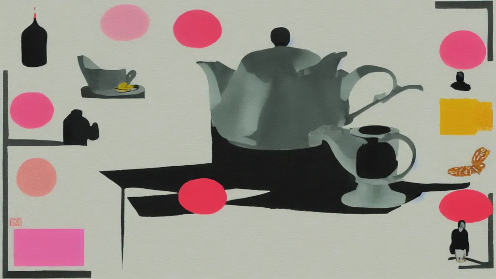 Image similar to a small tea setting, japan, a collage painting, in the style of wes anderson, lola dupre, david hockney, isolated on negative white space background dark monochrome neon fluorescent spraypaint accents volumetric octane render