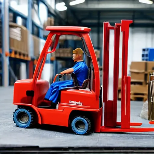 Prompt: ken doll in construction gear, driving a fork - lift, in front of a large warehouse, barbie - doll is at the car