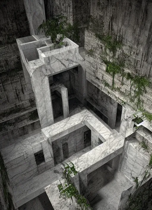 Image similar to “an Aerial view of a cenotes-like modernism Calidarium with marble quarry interior designed by GiuseppeTerragni , Danteum, Dearmcore, abandoned Architecture, hyper-realistic, dark and moody, highly detailed, hyper-realistic, environment, dramatic lighting, octane rendering, vray, unreal engine, cinematic view, 8k”