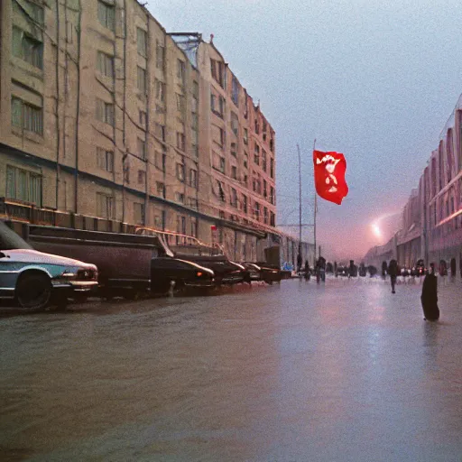 Image similar to 1990s movie , orbit space soviet city Norilsk street with many pedestrians as a loading screen , Cinestill 800t 18mm, heavy grainy picture, very detailed, high quality, 4k panoramic, dramatic lightning, streetlight at night, rain, mud, foggy, soviet flags