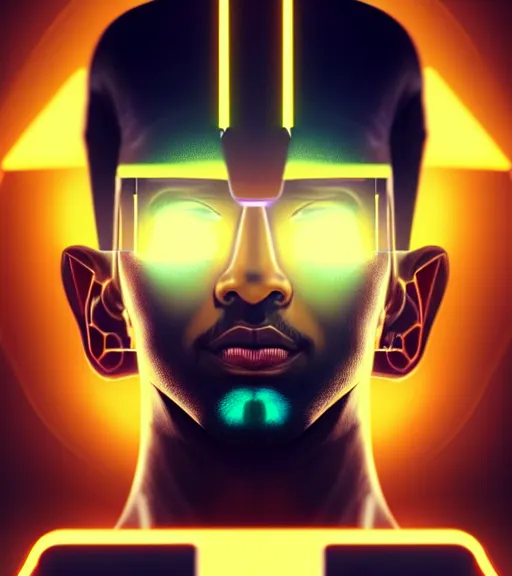 Image similar to symmetry!! egyptian king of technology, solid cube of light, hard edges, product render retro - futuristic poster scifi, lasers and neon circuits, brown skin handsome egyptian king, intricate, elegant, highly detailed, digital painting, artstation, concept art, smooth, sharp focus, illustration, dreamlike, art by artgerm