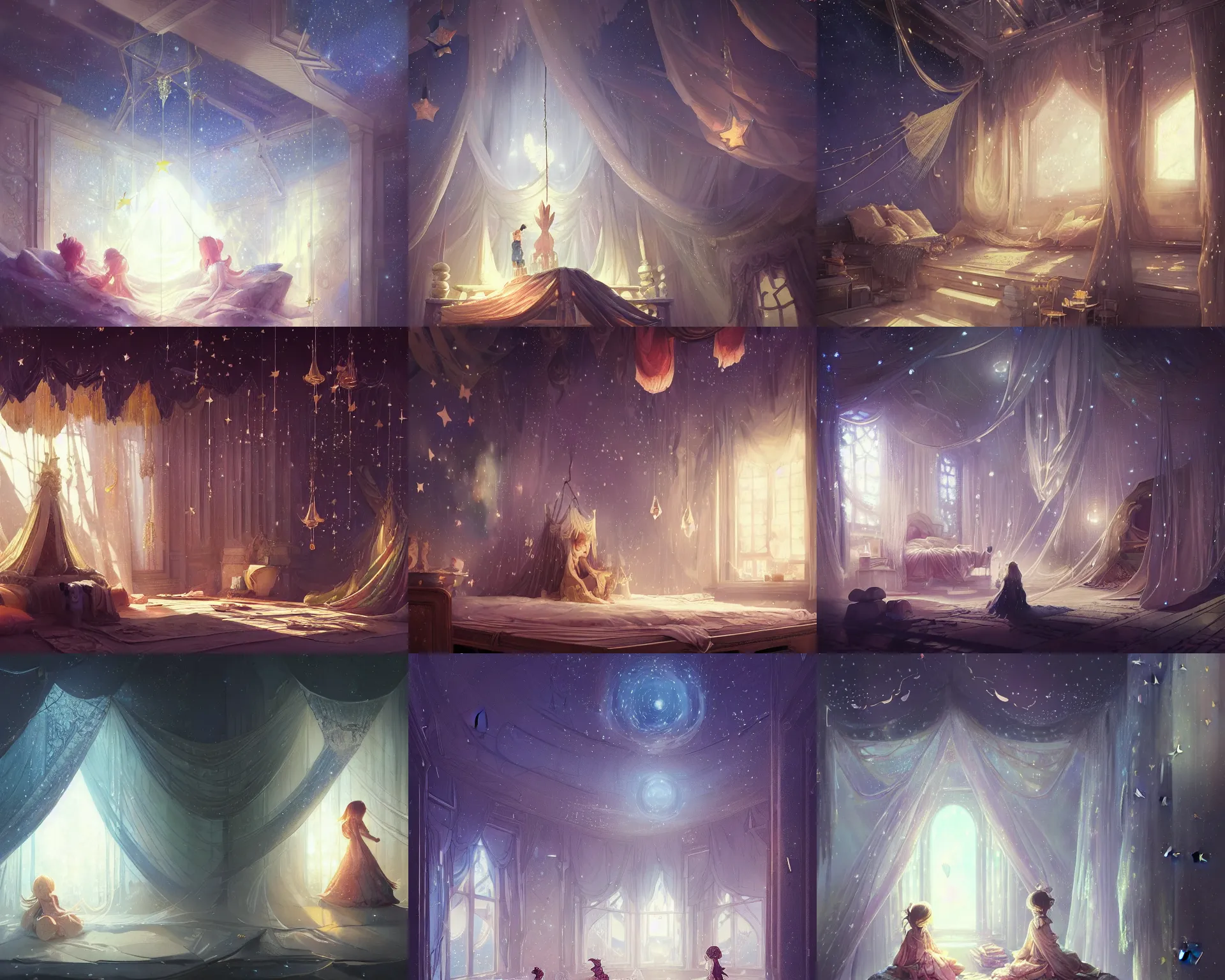 Prompt: childs imagination with giant walls and glass ceilings showing the stars and hanging silk drapery and tapestries, light dust, magnificent, close up, details, sharp focus, elegant, highly detailed, illustration, by Jordan Grimmer and greg rutkowski and PiNe(パイネ) and 薯子Imoko and 香川悠作 and wlop and maya takamura, intricate, beautiful, Trending artstation, pixiv, digital Art