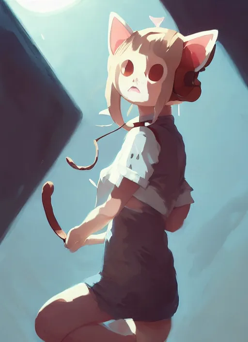 Image similar to portrait of cute catgirl with cat ears, by atey ghailan, by greg rutkowski, by greg tocchini, by james gilleard, by joe gb fenton, by in kaethe butcher, dynamic lighting, gradient light blue, brown, blonde cream and white color in scheme, grunge aesthetic