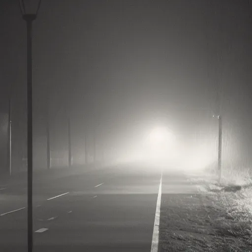 Image similar to Beautiful cameraphone 2000s, soft liminal Photograph of foggy road, hedge night, streetlight.