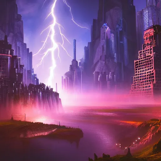 Image similar to a fantasy city with waterfalls gothic cyberpunk, cinematic lightning, clouds epic ultrawide