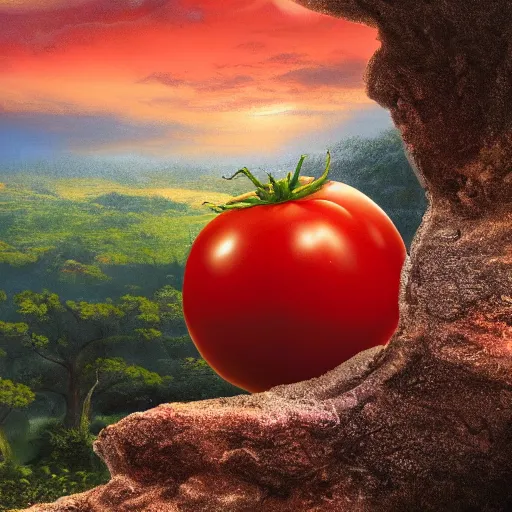 Image similar to a beautiful matte painting of a very beautiful tomato in a fantasy landscape, by steve argyle and mark arian