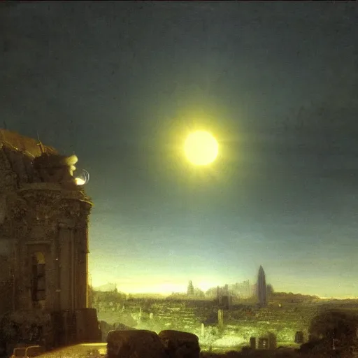 Image similar to dark solar eclipse, above a village, highly detailed, studio 4 k quality, by arnold bocklin