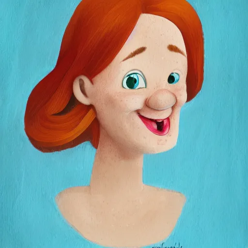 Prompt: portrait of a cute redheaded woman with freckles who is heavy set, in the style of pixar