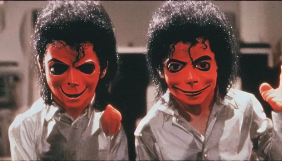 Prompt: a 1 9 8 0's horror movie where a little kid wears a michael jackson halloween mask