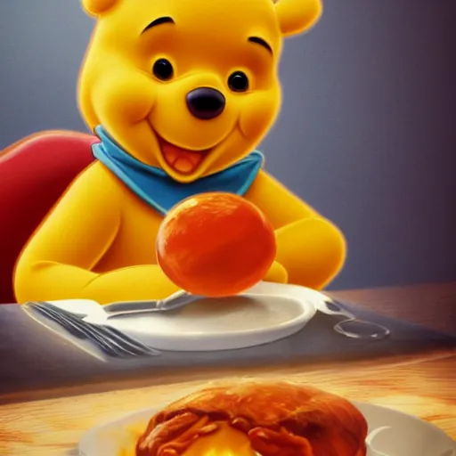 Prompt: winnie the pooh eating lasagne, extreme close up cute dystopian award winning photography, extremely detailed, artstation, 8 k, sensual lighting, incredible art, wlop, artgerm