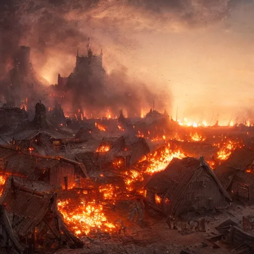 Image similar to a portrait of an village getting burned down by vikings, Matte painting , detailed painting, made by Greg Rutkowski, 4k resolution, atmospheric, extremely high detail