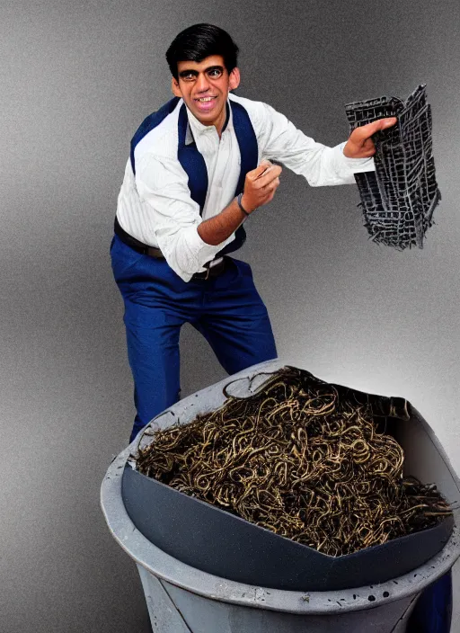 Prompt: A photograph of Rishi Sunak destroying the bible in a shredder, realistic, detailed