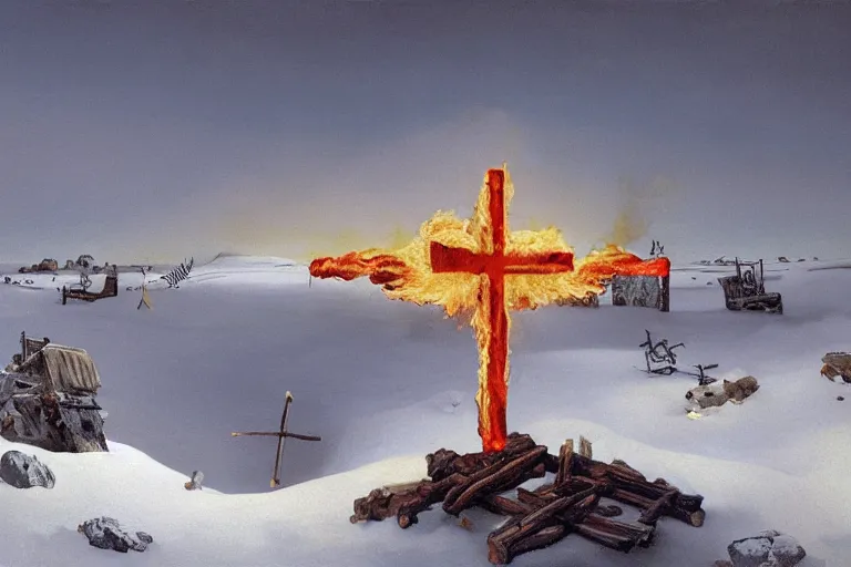 Image similar to a cross set on fire on a snow covered field, painting by salvador dali, a matte painting by li shida, cgsociety, context art, redshift, matte painting, reimagined by industrial light and magic