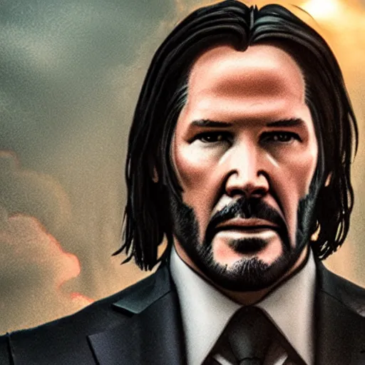 Prompt: john wick looking at thanos, rainy day, volumetric lighting, sharp focus