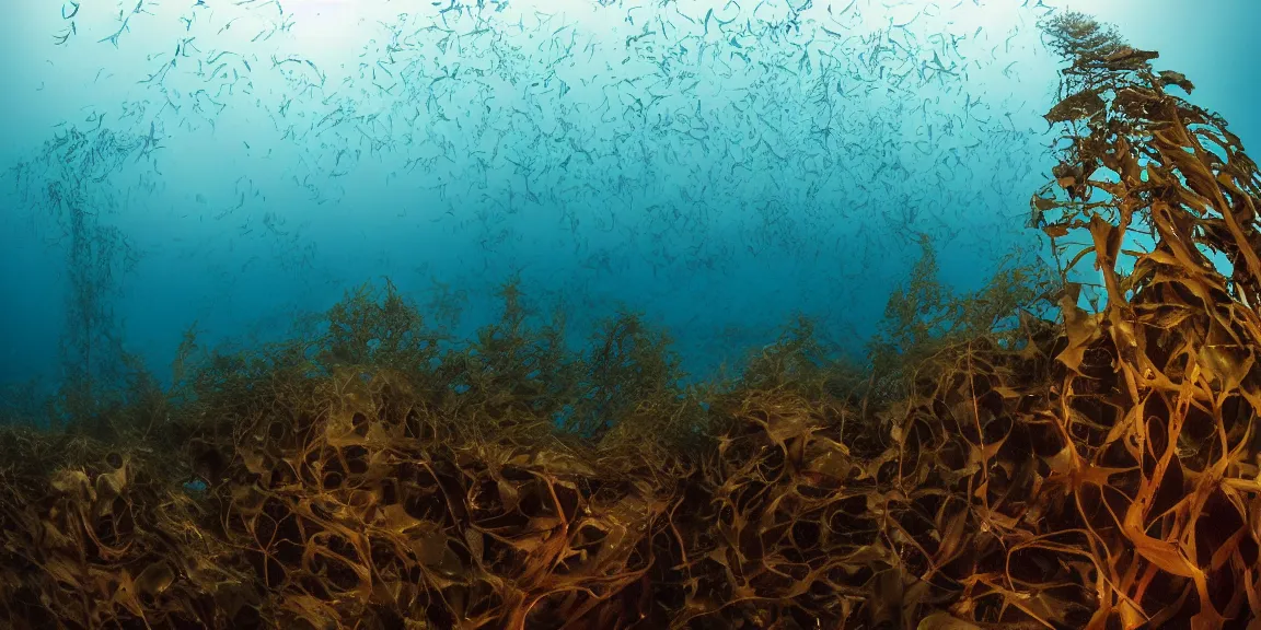 Prompt: Towering kelp forest off the coast of La Jolla Bay, giant kelp in large amounts standing upright, Garibaldi, California Sheephead, Sargo, Leopard sharks swimming in between the kelp. View from below, underwater photography. Afternoon glow, June 19th. Trending on Artstation, deviantart, worth1000. By Greg Rutkowski. National Geographic and iNaturalist HD photographs