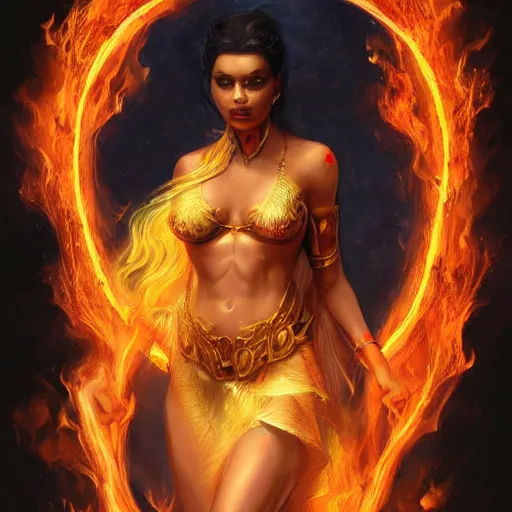 Image similar to A beautiful painting of a goddess with a body of flames by Andrews Esao, fantasy, Trending on artstation.