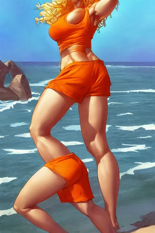 Image similar to a gorgeous hulking beast of a woman with very long hip-length blonde hair, wearing a cut-off white top and orange cut-off shorts standing by the water, in the style of artgerm and moebius and annie liebovitz, marvel comics, photorealistic, highly detailed, trending on artstation