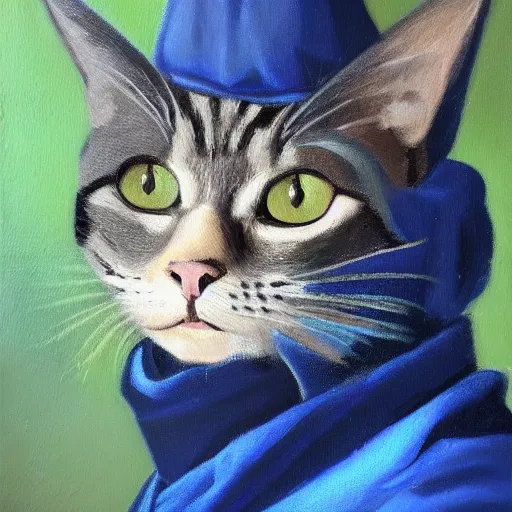 Image similar to oil painting portrait of a cat wizard wearing blue robes