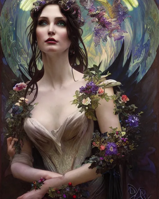 Image similar to daniel gerhartz, wlop, tom baghshaw, alfons mucha detailed portrait digital painting of a beautiful serious villainess wearing fantasy clothing like liliana vess, villainess has black angel wings, evil mood, hellish battlefield in the background, embers flying, unreal engine, hyper realism, realistic shading, cinematic composition, blender render, octane render, ultrawide shot