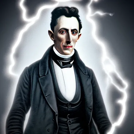 Image similar to nicolas tesla with thunderbolts around him and glowing white eyes, photorealistic, 4 k, ultra detailed