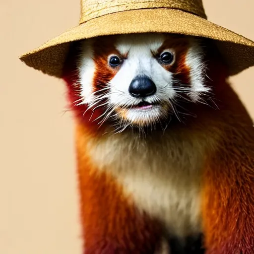 Image similar to portrait photo of a small happy chunky fluffy straw hat wearing red panda, looking into the camera, indoors, f 1. 4, golden ratio, overcast day